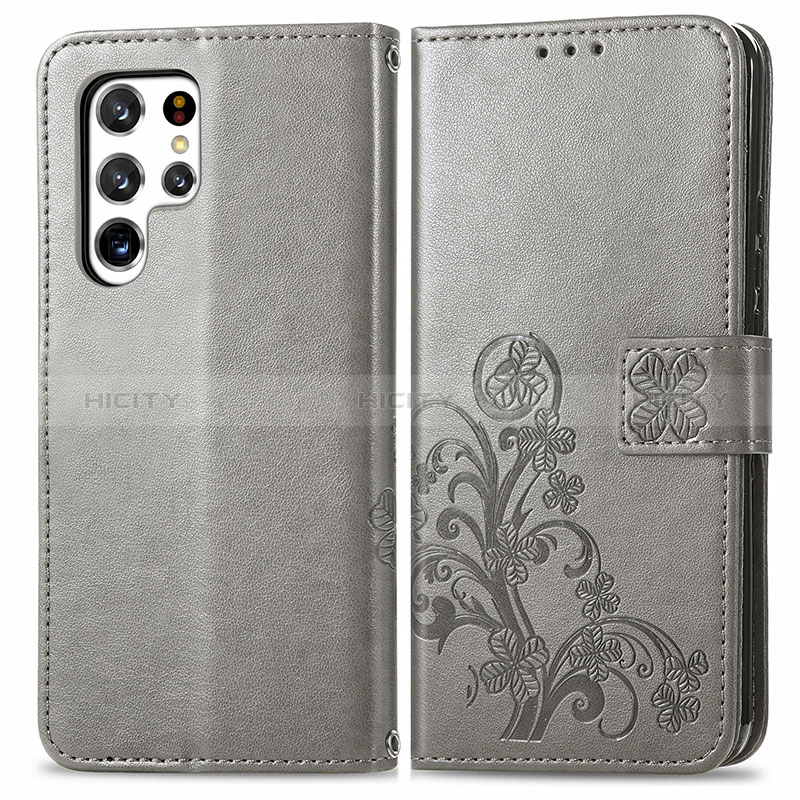 Coque Portefeuille Fleurs Livre Cuir Etui Clapet pour Samsung Galaxy S24 Ultra 5G Gris Plus