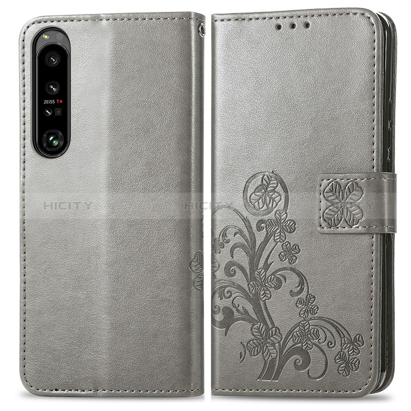 Coque Portefeuille Fleurs Livre Cuir Etui Clapet pour Sony Xperia 1 IV Gris Plus