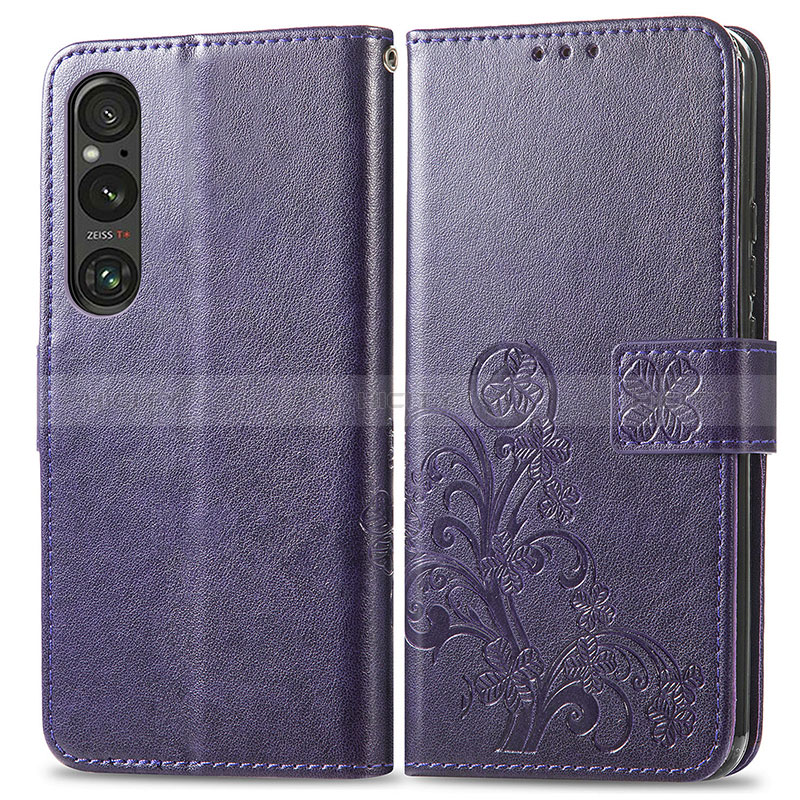 Coque Portefeuille Fleurs Livre Cuir Etui Clapet pour Sony Xperia 1 V Violet Plus