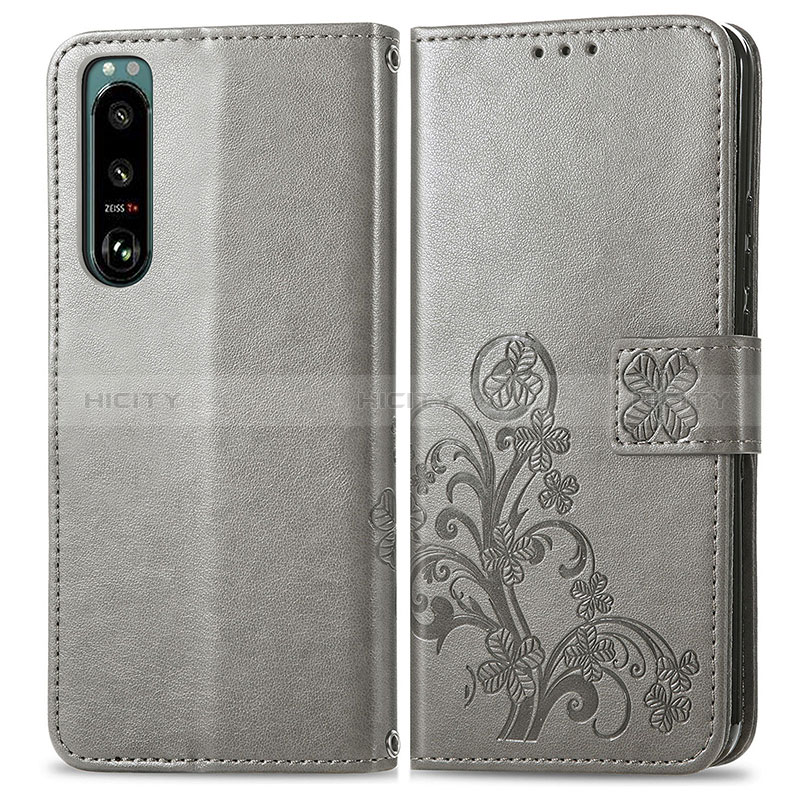 Coque Portefeuille Fleurs Livre Cuir Etui Clapet pour Sony Xperia 5 III Gris Plus