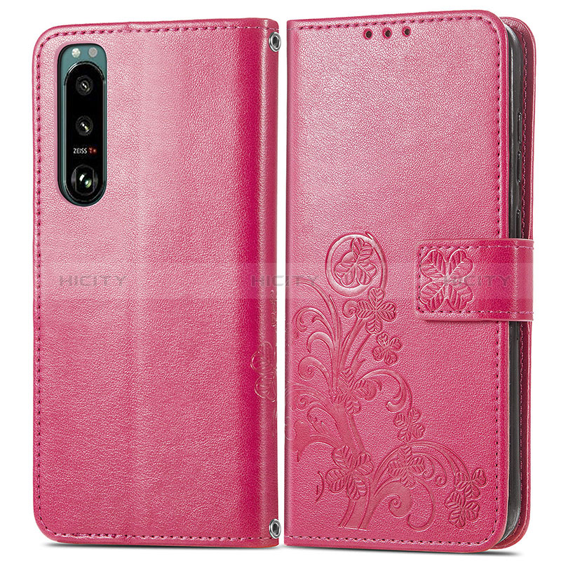 Coque Portefeuille Fleurs Livre Cuir Etui Clapet pour Sony Xperia 5 III Rouge Plus