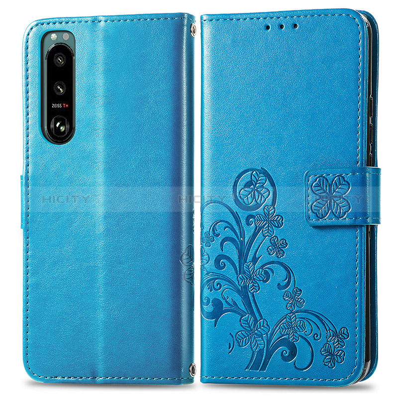 Coque Portefeuille Fleurs Livre Cuir Etui Clapet pour Sony Xperia 5 IV Bleu Plus