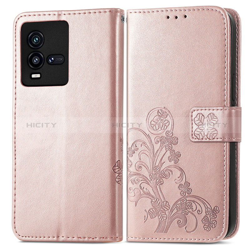 Coque Portefeuille Fleurs Livre Cuir Etui Clapet pour Vivo iQOO 10 5G Rose Plus