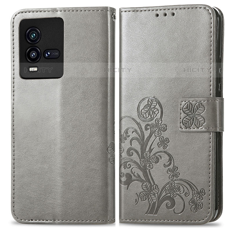 Coque Portefeuille Fleurs Livre Cuir Etui Clapet pour Vivo iQOO 9T 5G Gris Plus