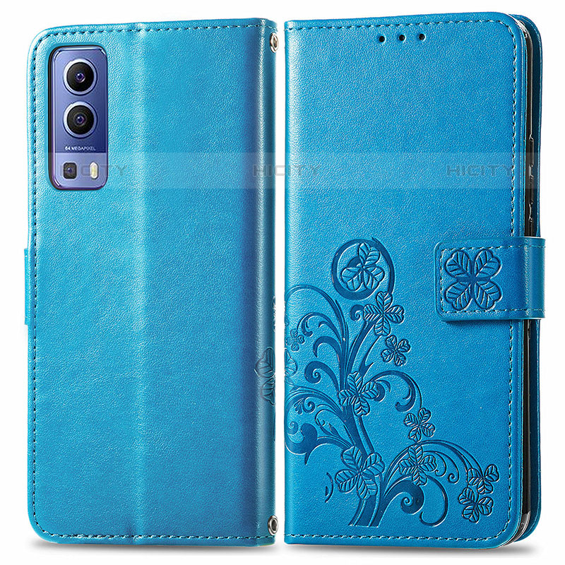 Coque Portefeuille Fleurs Livre Cuir Etui Clapet pour Vivo iQOO Z3 5G Bleu Plus