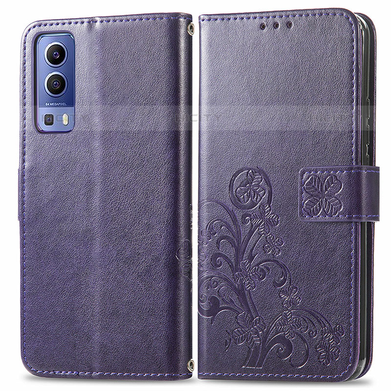 Coque Portefeuille Fleurs Livre Cuir Etui Clapet pour Vivo iQOO Z3 5G Violet Plus