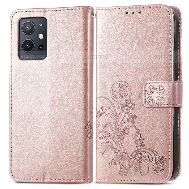 Coque Portefeuille Fleurs Livre Cuir Etui Clapet pour Vivo iQOO Z6 5G Rose Plus