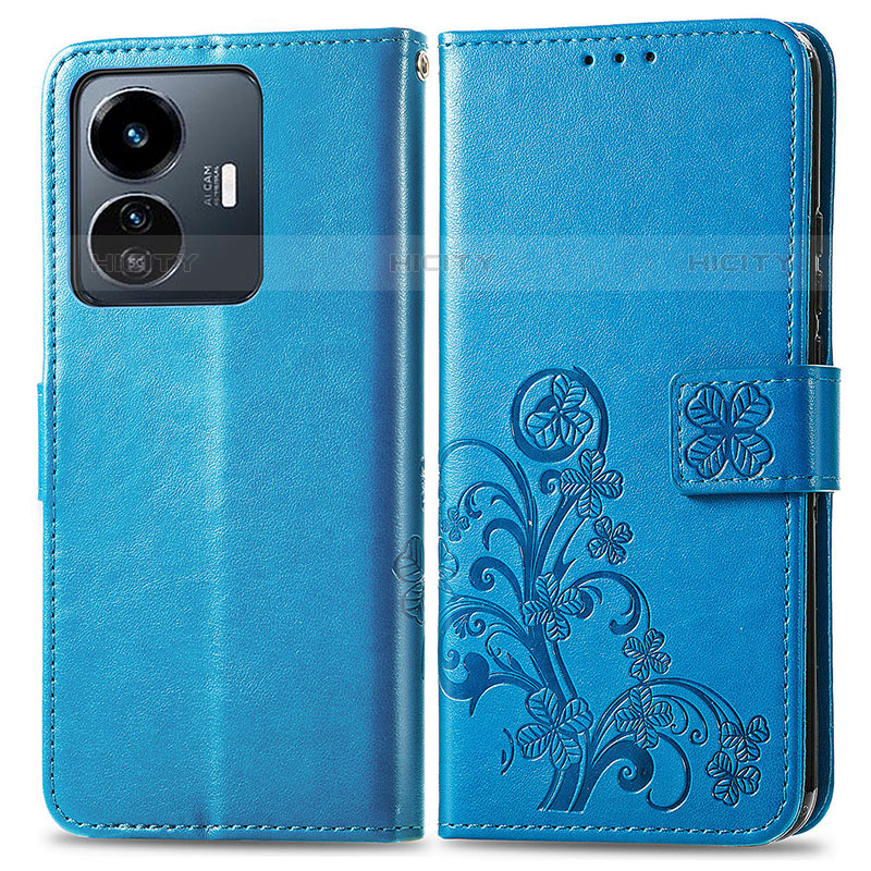 Coque Portefeuille Fleurs Livre Cuir Etui Clapet pour Vivo iQOO Z6 Lite 5G Bleu Plus