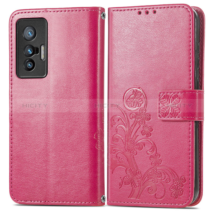 Coque Portefeuille Fleurs Livre Cuir Etui Clapet pour Vivo X70t Rouge Plus