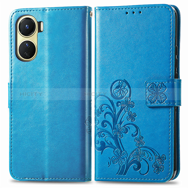 Coque Portefeuille Fleurs Livre Cuir Etui Clapet pour Vivo Y02S Bleu Plus