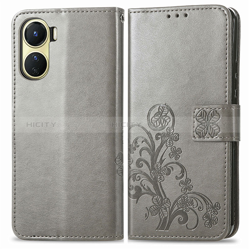 Coque Portefeuille Fleurs Livre Cuir Etui Clapet pour Vivo Y02S Gris Plus