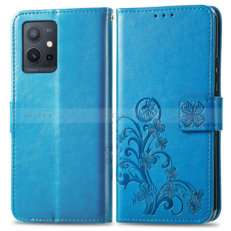 Coque Portefeuille Fleurs Livre Cuir Etui Clapet pour Vivo Y30 5G Bleu Plus