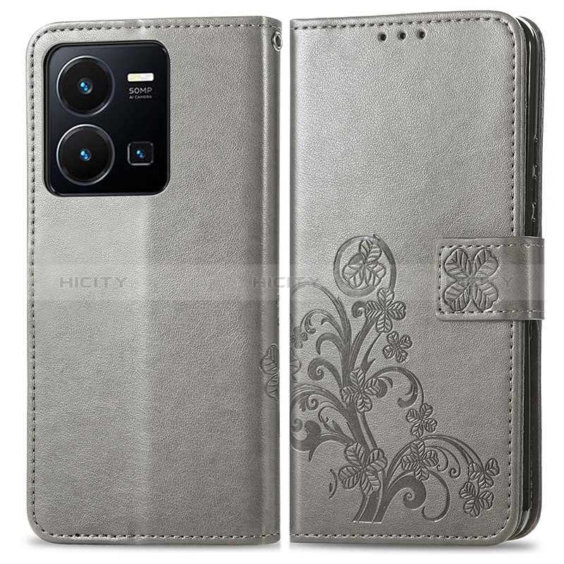 Coque Portefeuille Fleurs Livre Cuir Etui Clapet pour Vivo Y35 4G Gris Plus