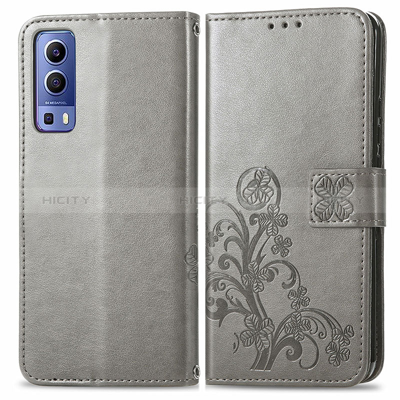 Coque Portefeuille Fleurs Livre Cuir Etui Clapet pour Vivo Y75s 5G Gris Plus