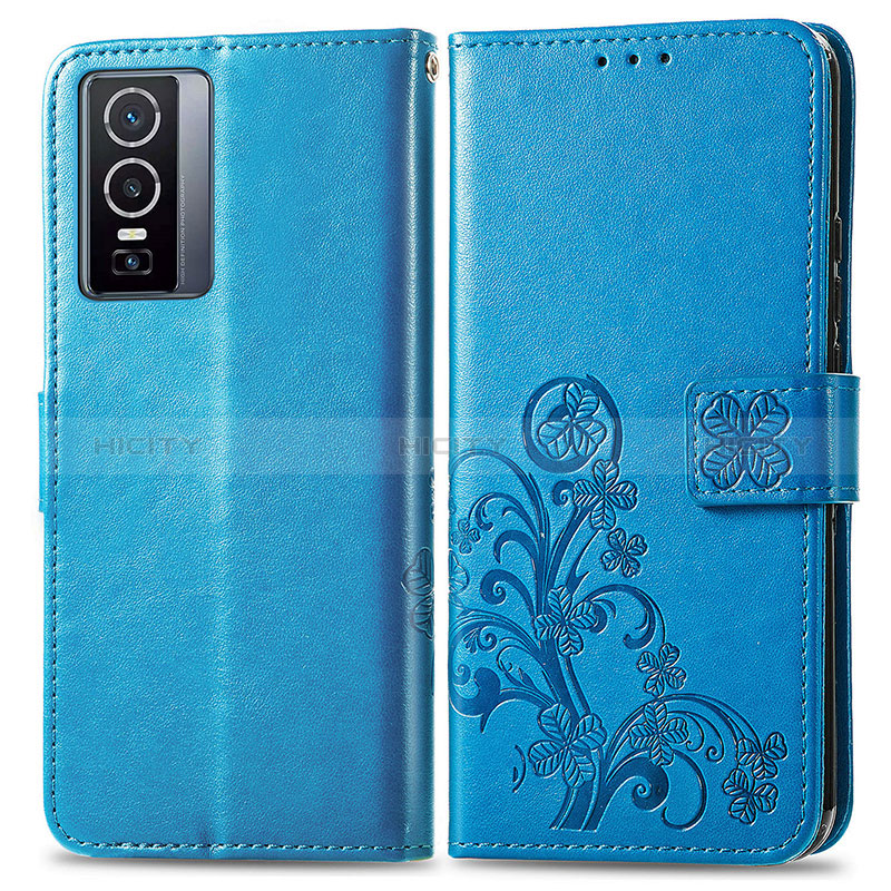 Coque Portefeuille Fleurs Livre Cuir Etui Clapet pour Vivo Y76 5G Bleu Plus