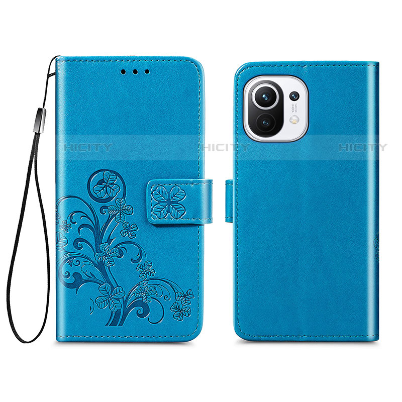 Coque Portefeuille Fleurs Livre Cuir Etui Clapet pour Xiaomi Mi 11 5G Bleu Plus