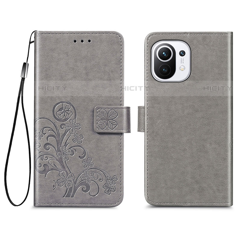 Coque Portefeuille Fleurs Livre Cuir Etui Clapet pour Xiaomi Mi 11 5G Gris Plus