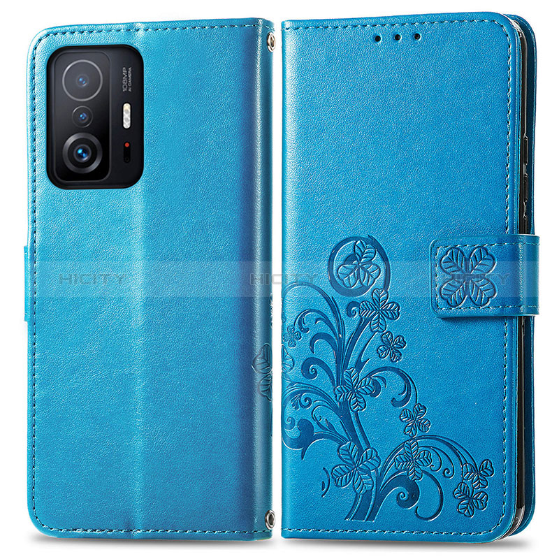 Coque Portefeuille Fleurs Livre Cuir Etui Clapet pour Xiaomi Mi 11T Pro 5G Bleu Plus