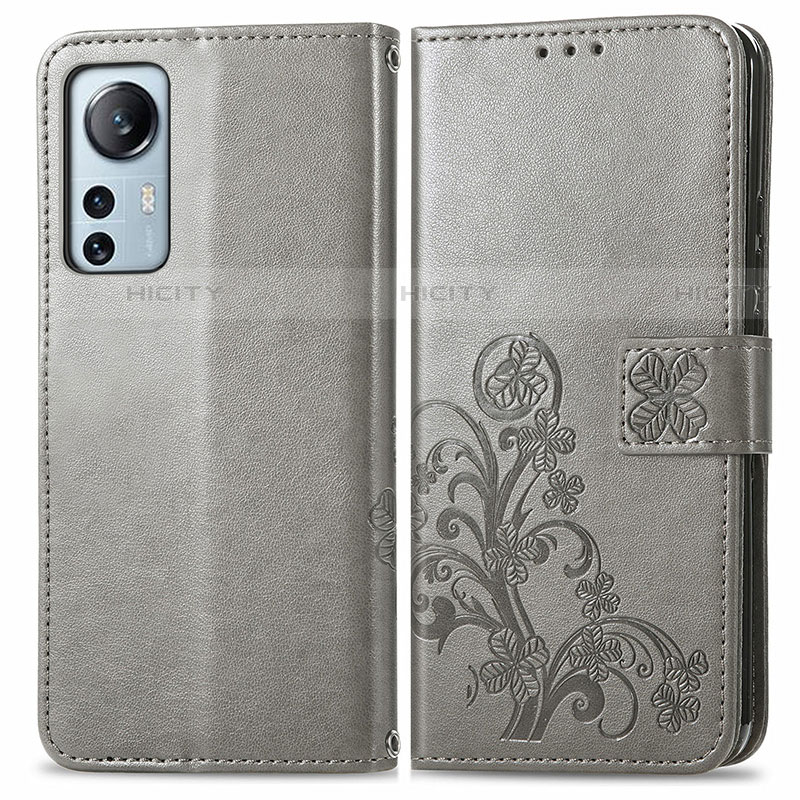 Coque Portefeuille Fleurs Livre Cuir Etui Clapet pour Xiaomi Mi 12X 5G Gris Plus