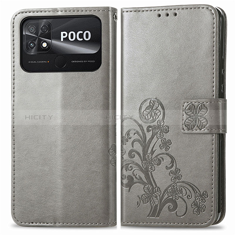 Coque Portefeuille Fleurs Livre Cuir Etui Clapet pour Xiaomi Poco C40 Gris Plus