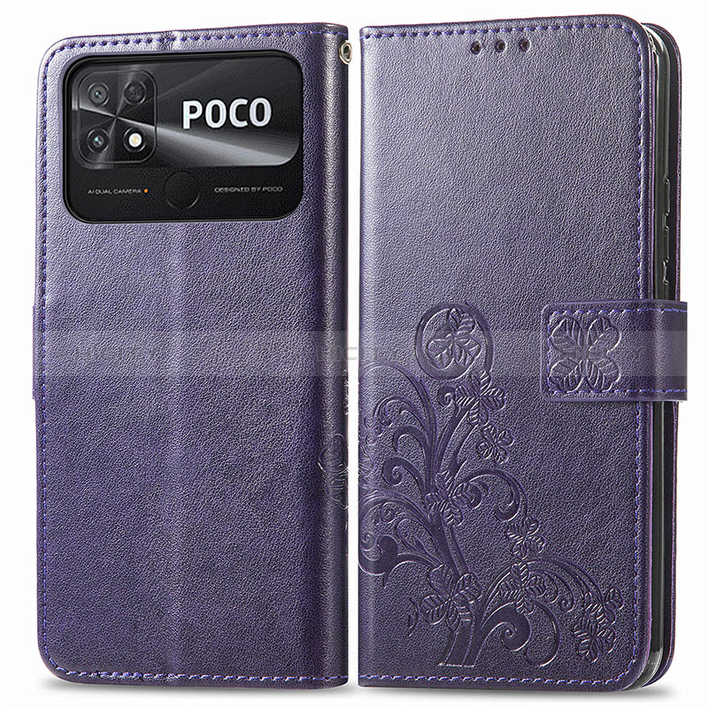 Coque Portefeuille Fleurs Livre Cuir Etui Clapet pour Xiaomi Poco C40 Violet Plus