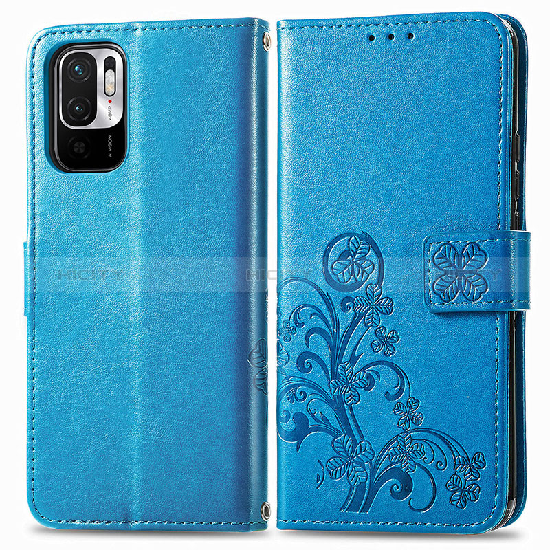 Coque Portefeuille Fleurs Livre Cuir Etui Clapet pour Xiaomi POCO M3 Pro 5G Bleu Plus