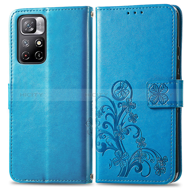 Coque Portefeuille Fleurs Livre Cuir Etui Clapet pour Xiaomi Poco M4 Pro 5G Bleu Plus