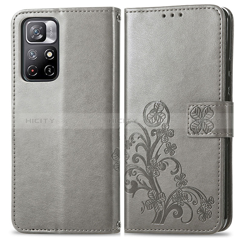 Coque Portefeuille Fleurs Livre Cuir Etui Clapet pour Xiaomi Poco M4 Pro 5G Gris Plus