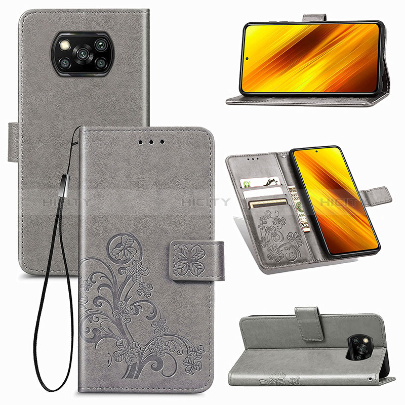 Coque Portefeuille Fleurs Livre Cuir Etui Clapet pour Xiaomi Poco X3 Pro Gris Plus