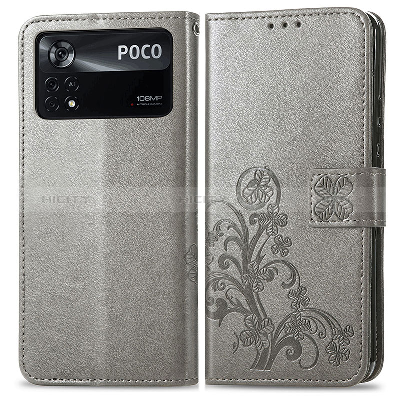 Coque Portefeuille Fleurs Livre Cuir Etui Clapet pour Xiaomi Poco X4 Pro 5G Gris Plus