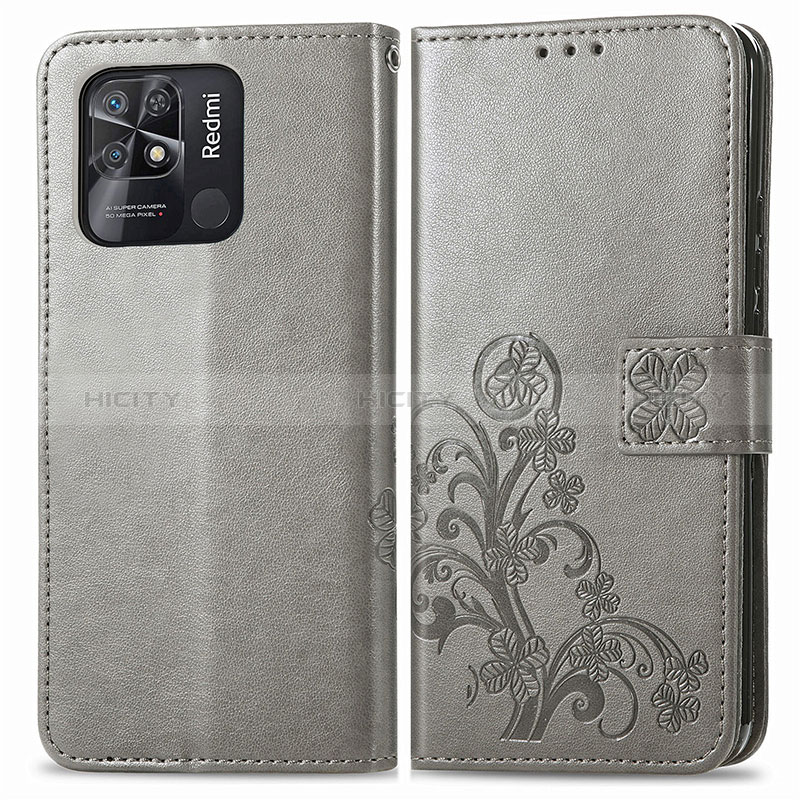 Coque Portefeuille Fleurs Livre Cuir Etui Clapet pour Xiaomi Redmi 10C 4G Gris Plus