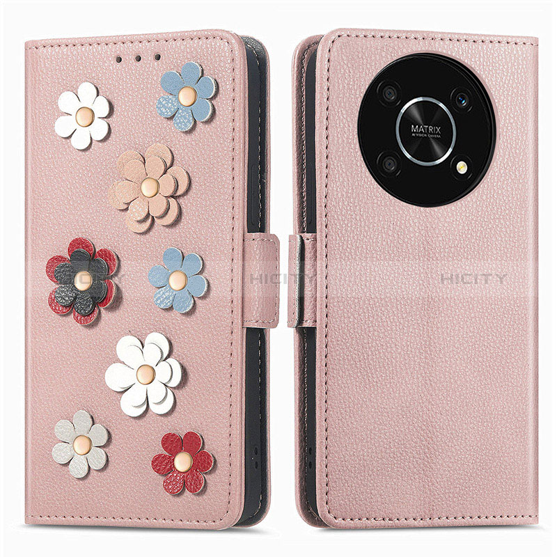 Coque Portefeuille Fleurs Livre Cuir Etui Clapet S02D pour Huawei Honor Magic4 Lite 5G Or Rose Plus