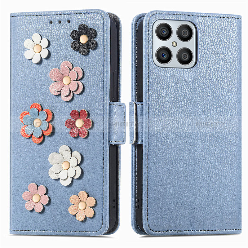 Coque Portefeuille Fleurs Livre Cuir Etui Clapet S02D pour Huawei Honor X8 4G Bleu Plus