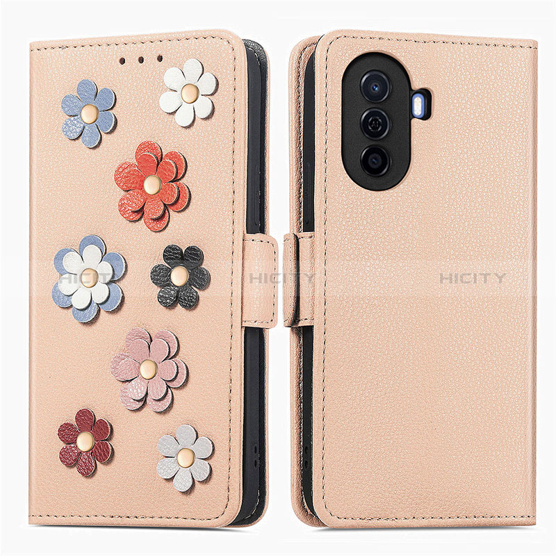 Coque Portefeuille Fleurs Livre Cuir Etui Clapet S02D pour Huawei Nova Y70 Kaki Plus