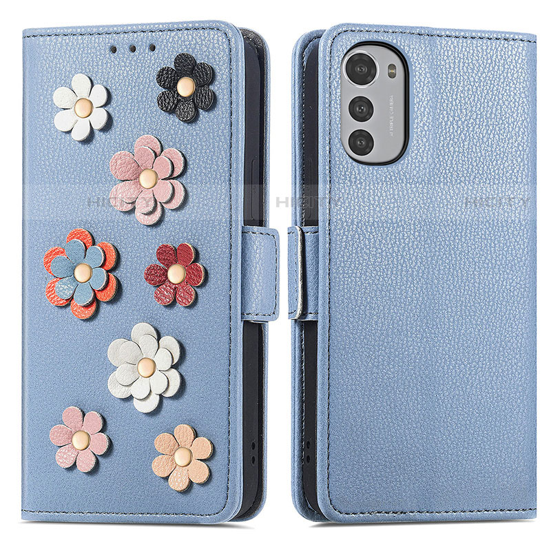 Coque Portefeuille Fleurs Livre Cuir Etui Clapet S02D pour Motorola Moto E32s Bleu Plus