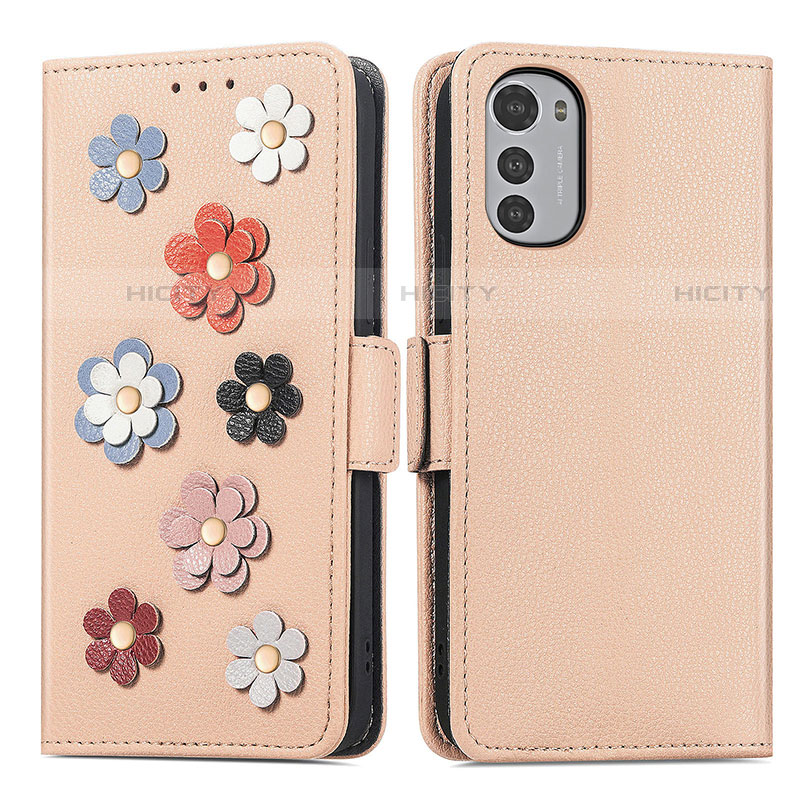 Coque Portefeuille Fleurs Livre Cuir Etui Clapet S02D pour Motorola Moto E32s Kaki Plus