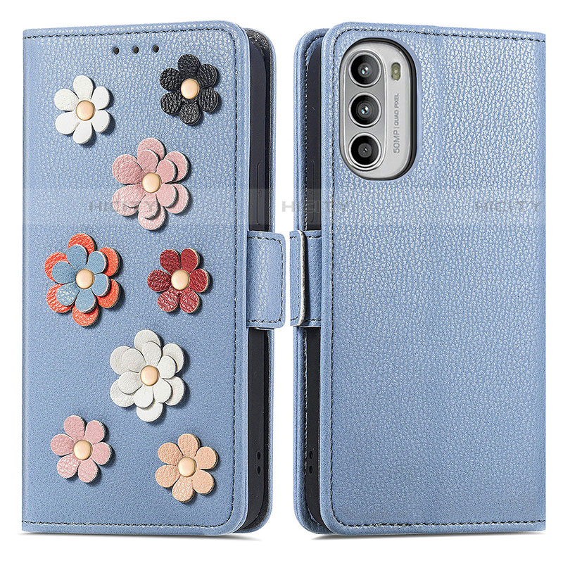 Coque Portefeuille Fleurs Livre Cuir Etui Clapet S02D pour Motorola Moto Edge (2022) 5G Bleu Plus