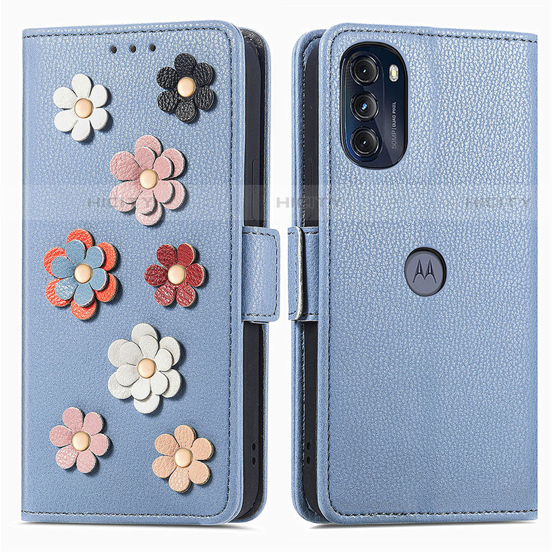 Coque Portefeuille Fleurs Livre Cuir Etui Clapet S02D pour Motorola Moto G 5G (2022) Bleu Plus