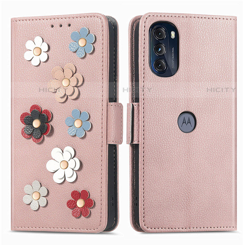 Coque Portefeuille Fleurs Livre Cuir Etui Clapet S02D pour Motorola Moto G 5G (2022) Or Rose Plus