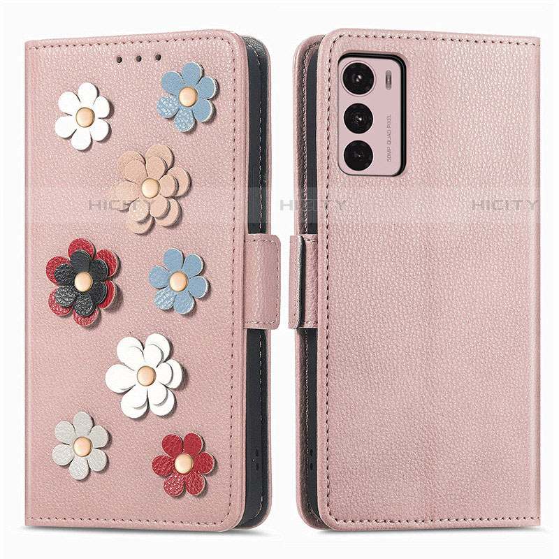 Coque Portefeuille Fleurs Livre Cuir Etui Clapet S02D pour Motorola Moto G42 Or Rose Plus