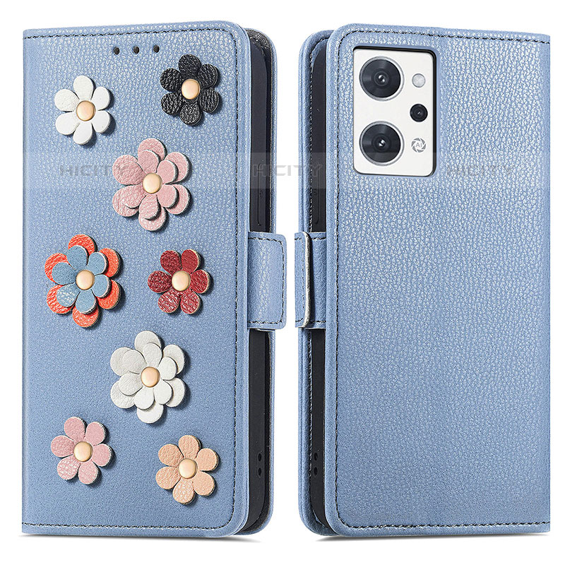 Coque Portefeuille Fleurs Livre Cuir Etui Clapet S02D pour Oppo Reno7 A Bleu Plus