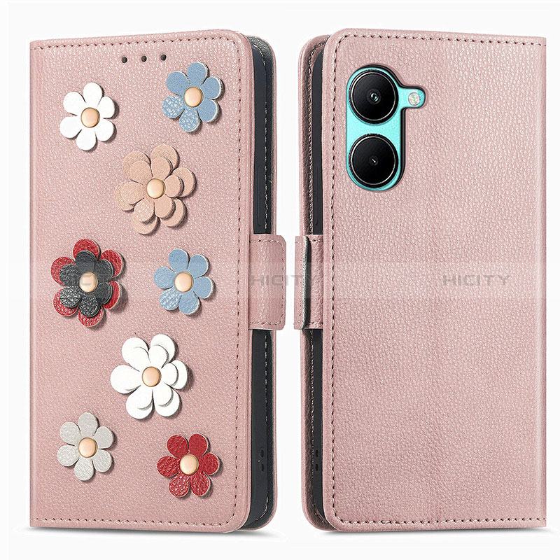 Coque Portefeuille Fleurs Livre Cuir Etui Clapet S02D pour Realme C33 (2023) Or Rose Plus