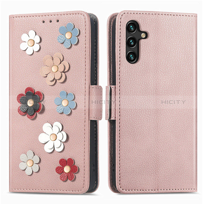 Coque Portefeuille Fleurs Livre Cuir Etui Clapet S02D pour Samsung Galaxy A04s Or Rose Plus