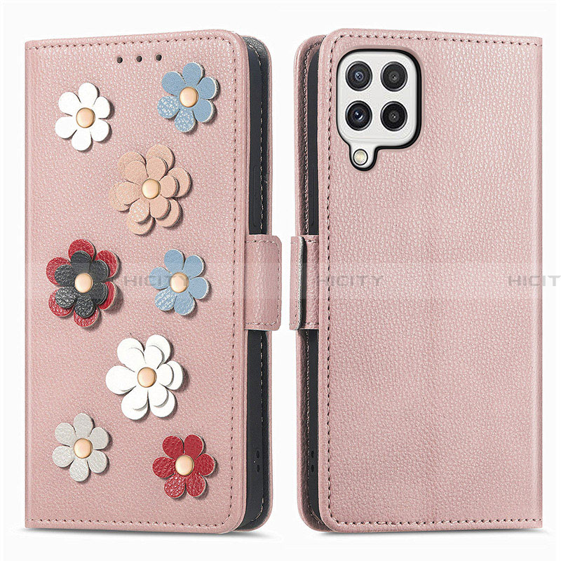 Coque Portefeuille Fleurs Livre Cuir Etui Clapet S02D pour Samsung Galaxy A22 4G Or Rose Plus