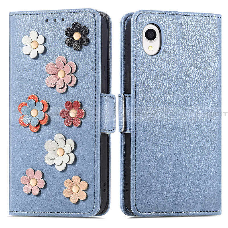 Coque Portefeuille Fleurs Livre Cuir Etui Clapet S02D pour Samsung Galaxy A22 5G SC-56B Bleu Plus