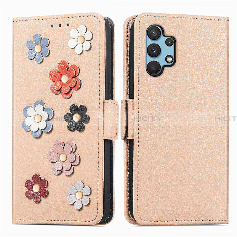 Coque Portefeuille Fleurs Livre Cuir Etui Clapet S02D pour Samsung Galaxy A32 5G Kaki Plus