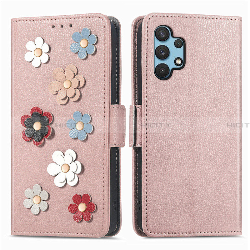 Coque Portefeuille Fleurs Livre Cuir Etui Clapet S02D pour Samsung Galaxy A32 5G Or Rose Plus