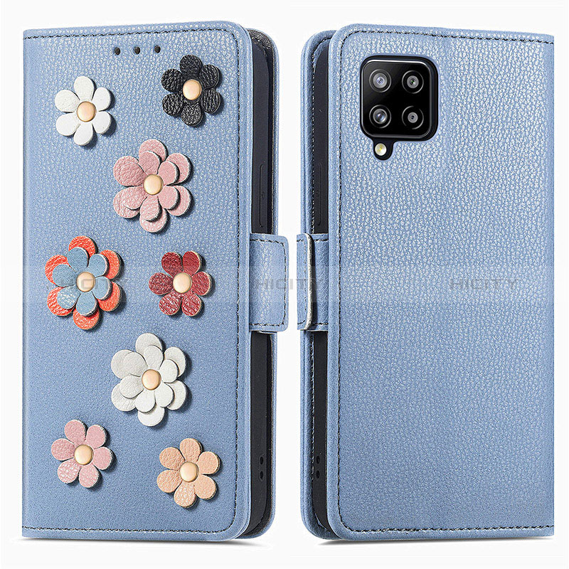 Coque Portefeuille Fleurs Livre Cuir Etui Clapet S02D pour Samsung Galaxy A42 5G Bleu Plus