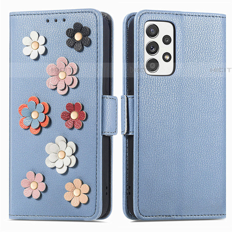 Coque Portefeuille Fleurs Livre Cuir Etui Clapet S02D pour Samsung Galaxy A52 4G Bleu Plus