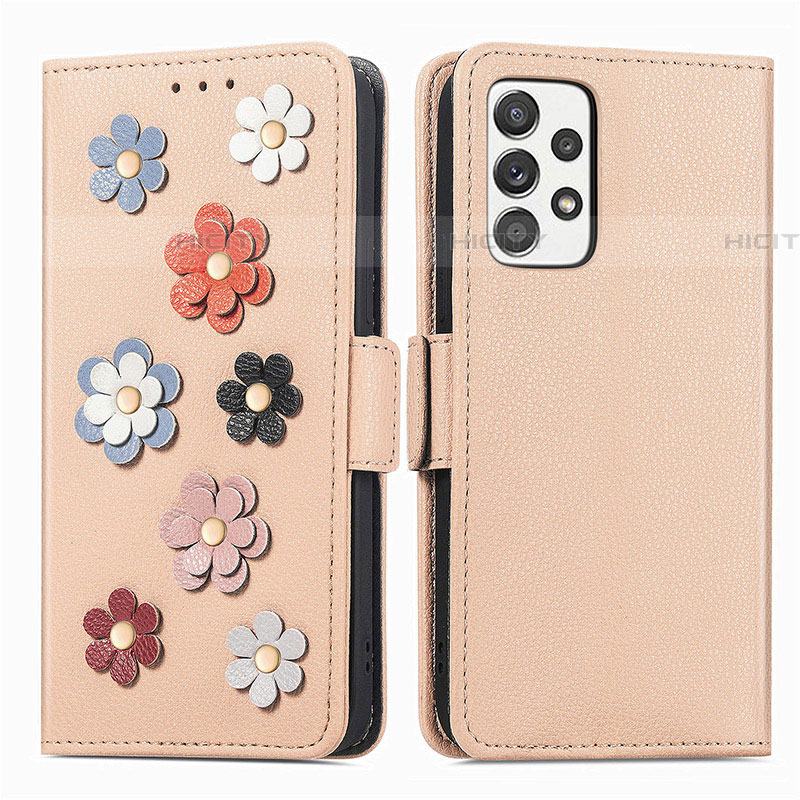 Coque Portefeuille Fleurs Livre Cuir Etui Clapet S02D pour Samsung Galaxy A52 5G Kaki Plus